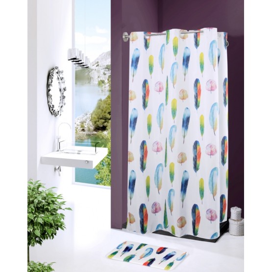 CORTINA DE BAÑO CON OLLAOS PLUMAS MULTICOLOR - CORTINAS DE BAÑO